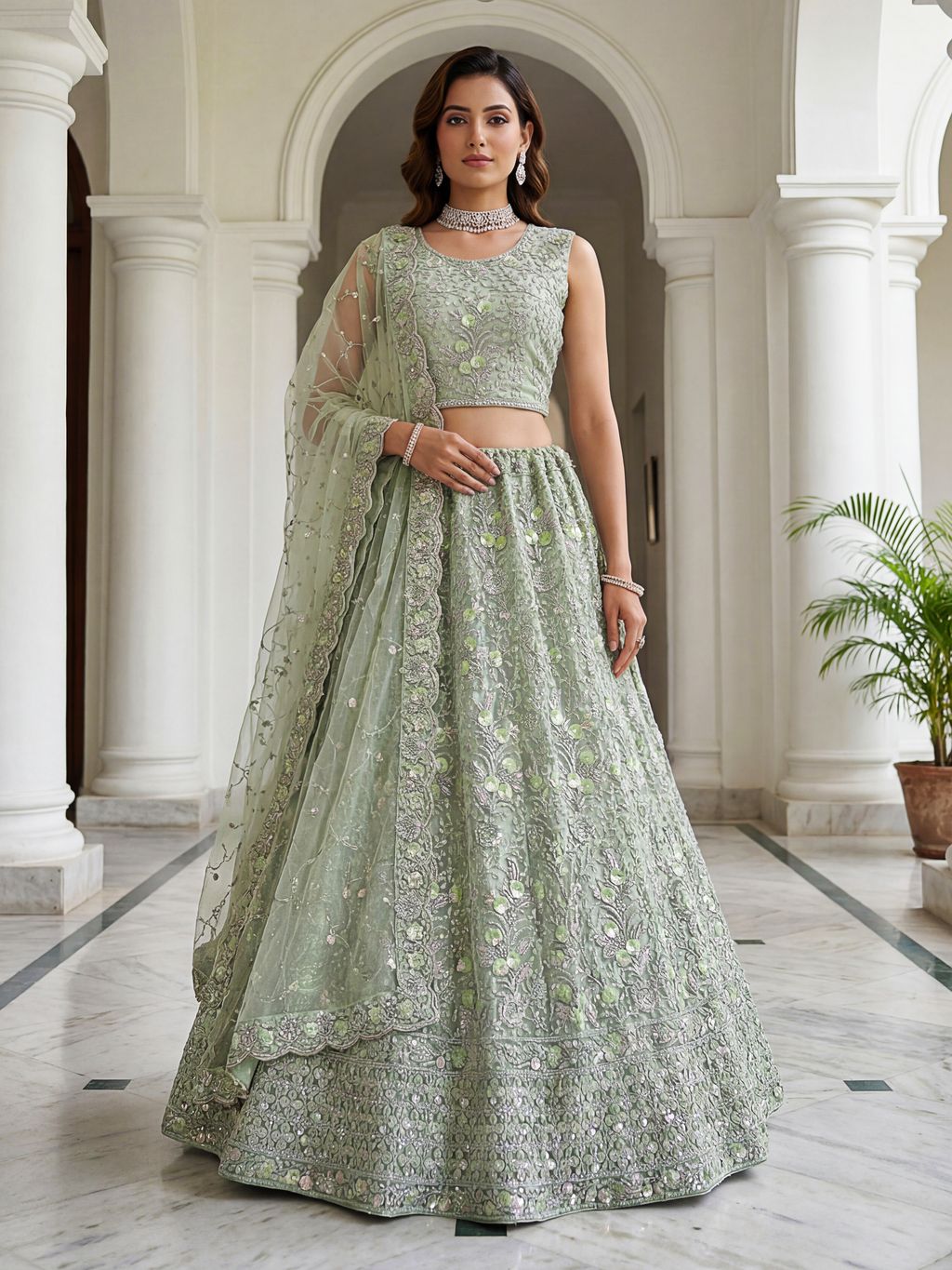 Pista Pure Soft Net Heavy Embroidery Work Bridal Lehenga ##color## Bridal Lehenga with premium fabric and embroidery