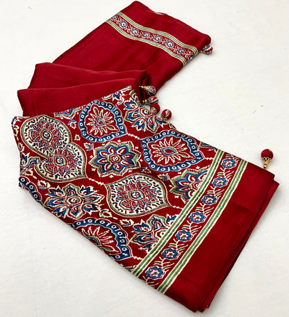Red Pure Semi Modal Silk Floral Printed Saree 