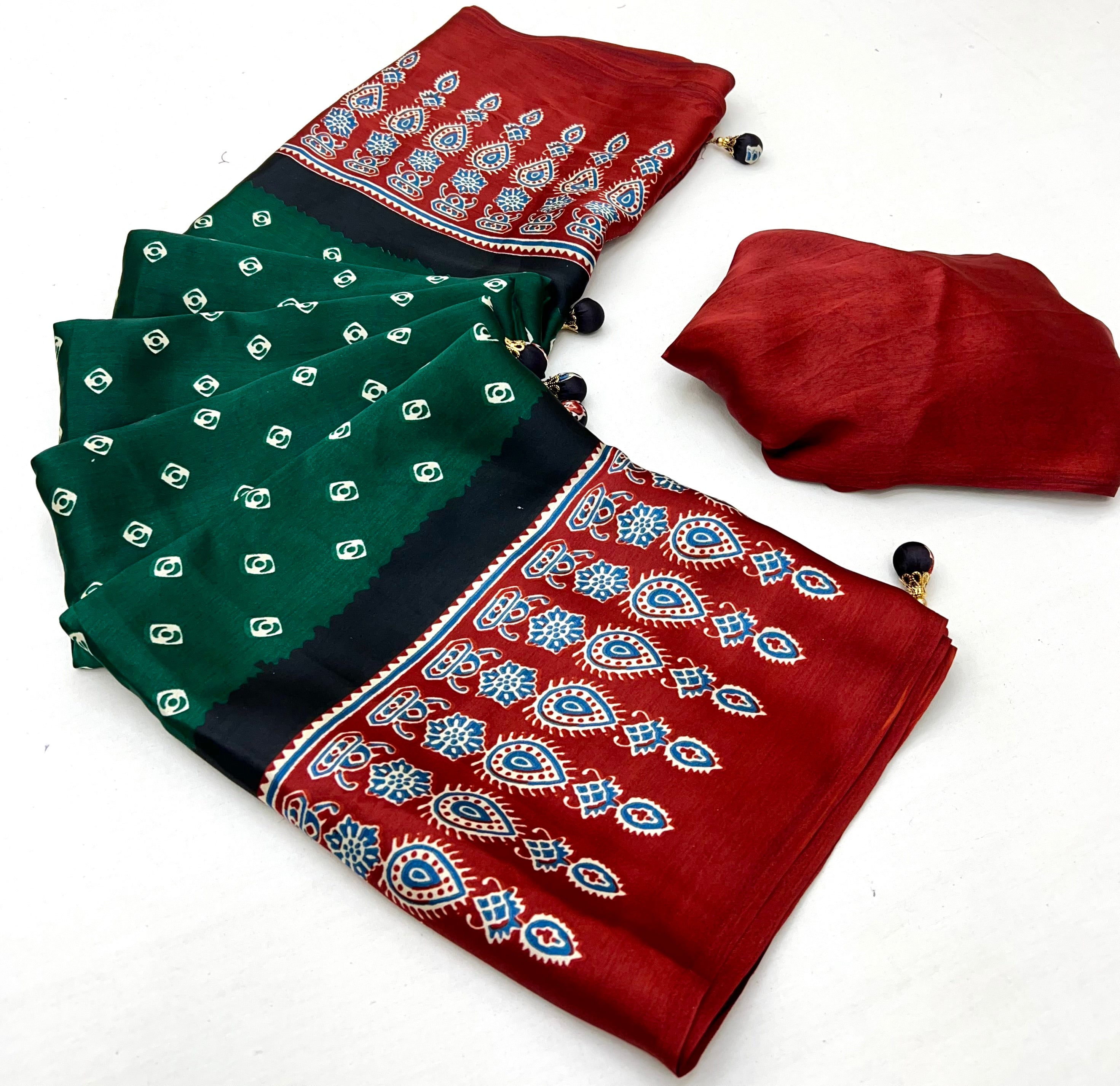 Green Pure Semi Modal Silk Ajarkh Printed Saree 