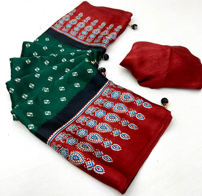 Green Pure Semi Modal Silk Ajarkh Printed Saree 