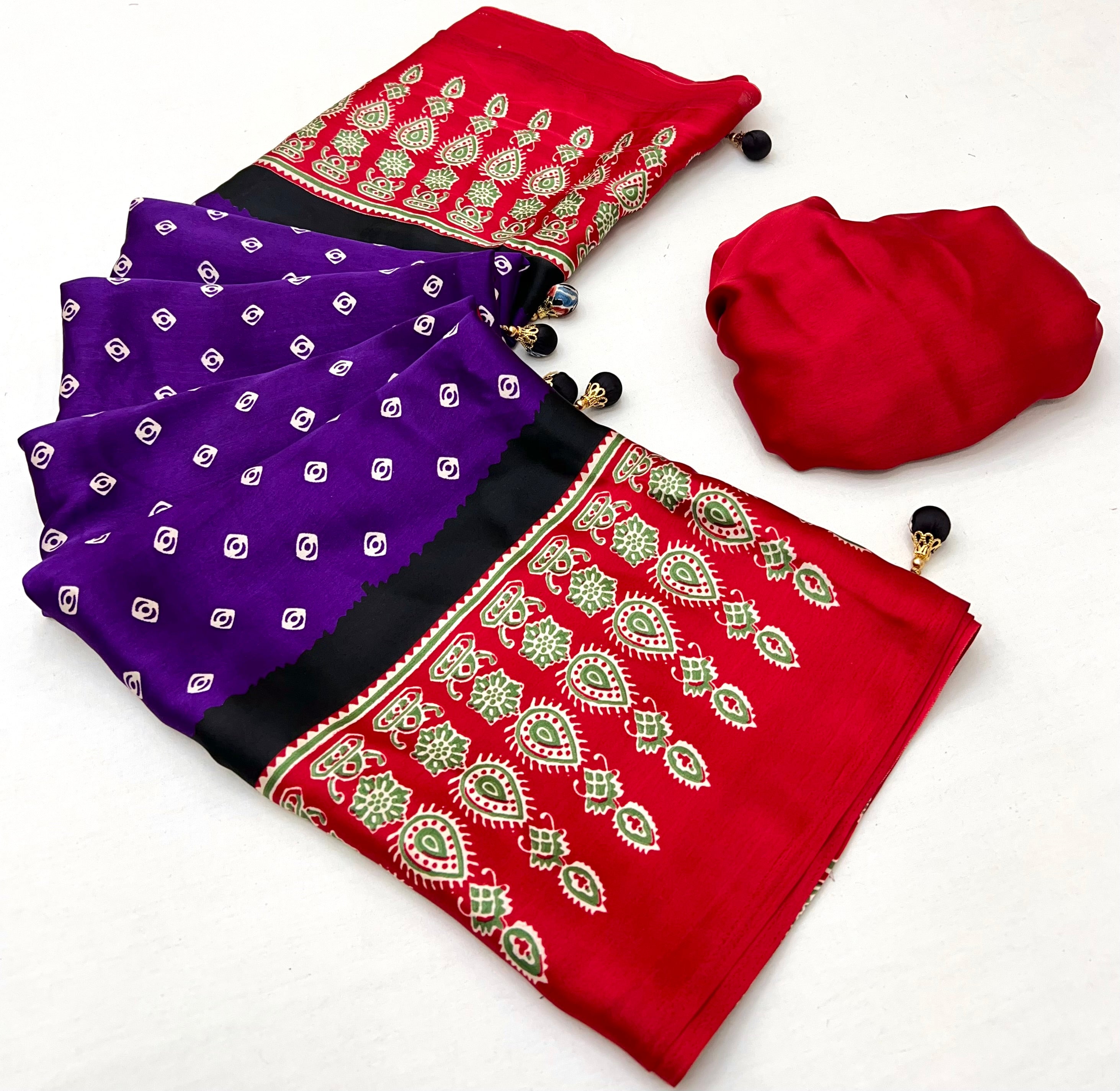 Purple Pure Semi Modal Silk Ajarkh Printed Saree ##color## Floral Printed Saree with premium fabric and embroidery