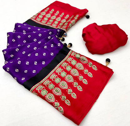 Purple Pure Semi Modal Silk Ajarkh Printed Saree 