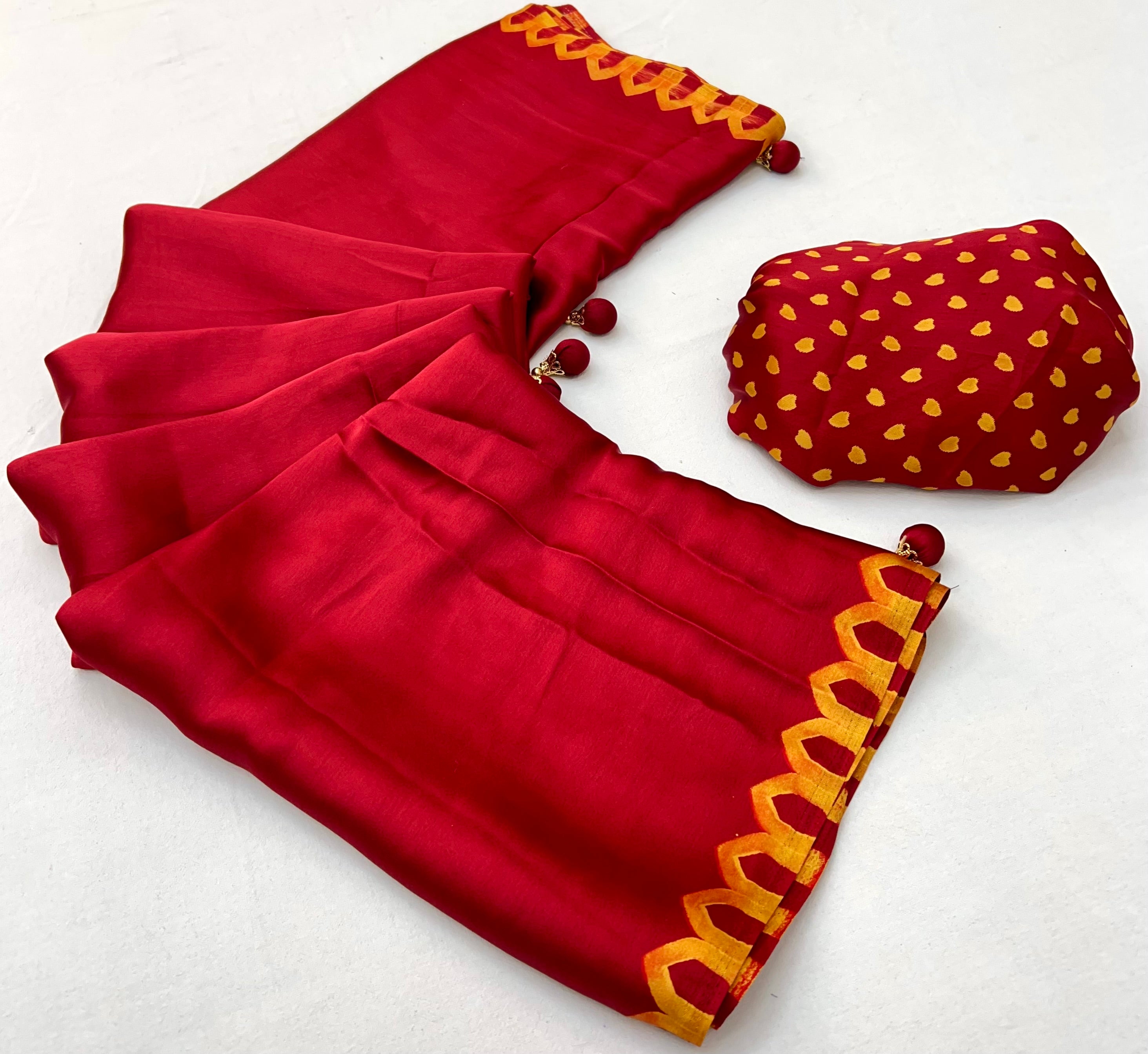 Red Pure Semi Modal Japan Silk Ajarkh Printed Saree ##color## Floral Printed Saree with premium fabric and embroidery