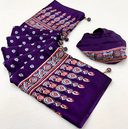 Purple Pure Semi Modal Silk Floral Printed Saree 