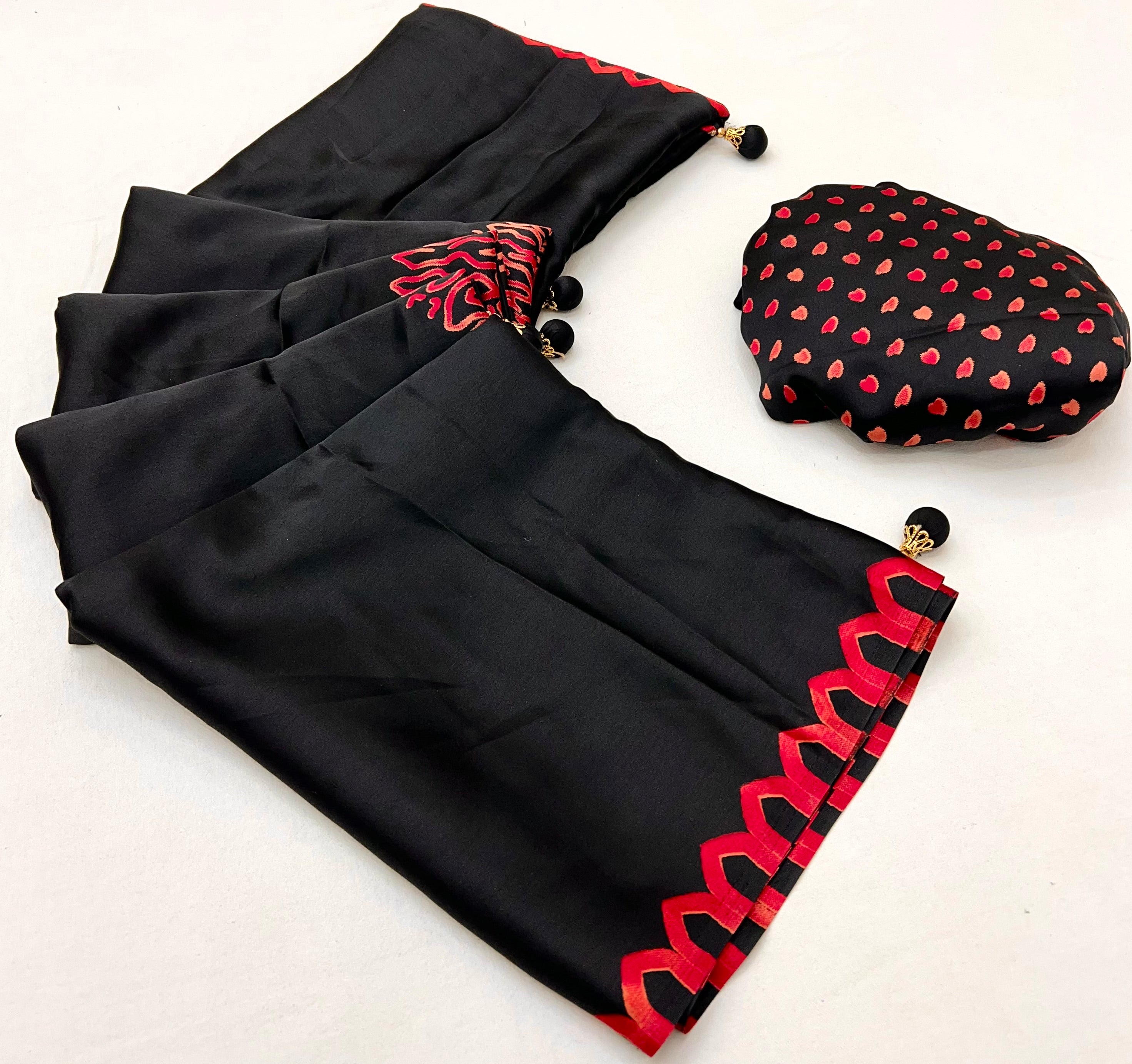 Black Pure Semi Modal Japan Silk Ajarkh Printed Saree ##color## Floral Printed Saree with premium fabric and embroidery