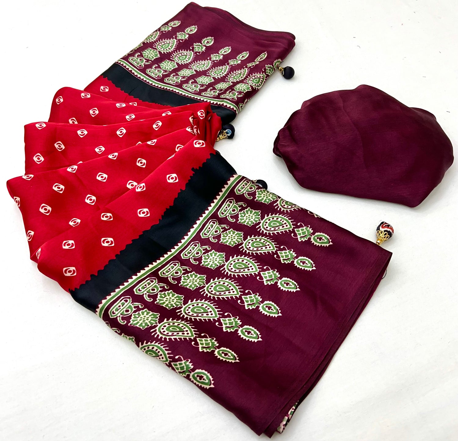 Red Pure Semi Modal Silk Ajarkh Printed Saree 