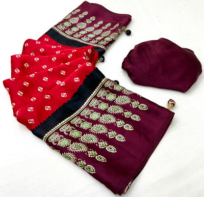 Red Pure Semi Modal Silk Ajarkh Printed Saree 