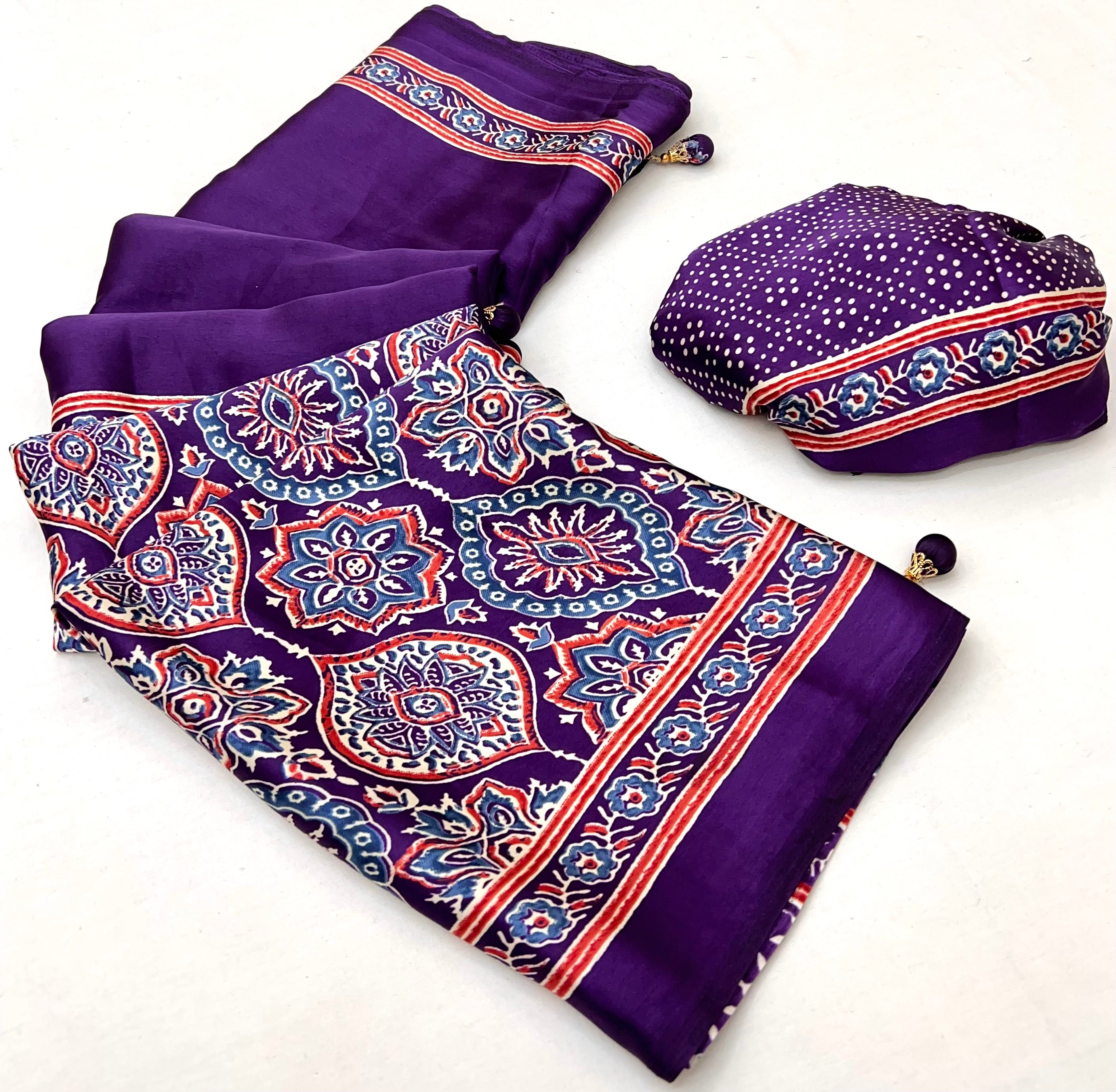 Purple Pure Semi Modal Silk Floral Printed Saree ##color## Floral Printed Saree with premium fabric and embroidery