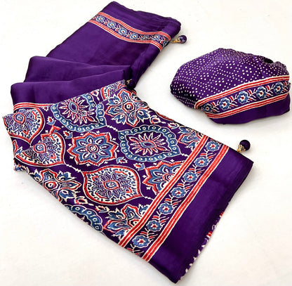 Purple Pure Semi Modal Silk Floral Printed Saree 