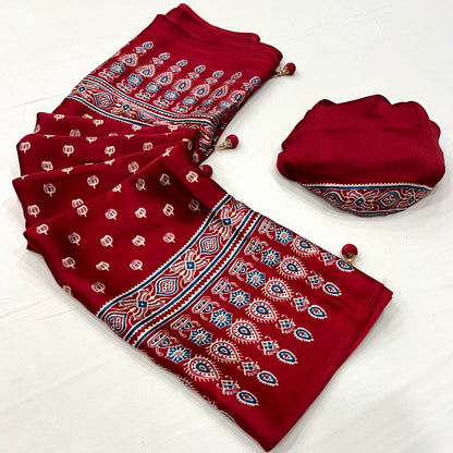 Red Pure Semi Modal Silk Floral Printed Saree 