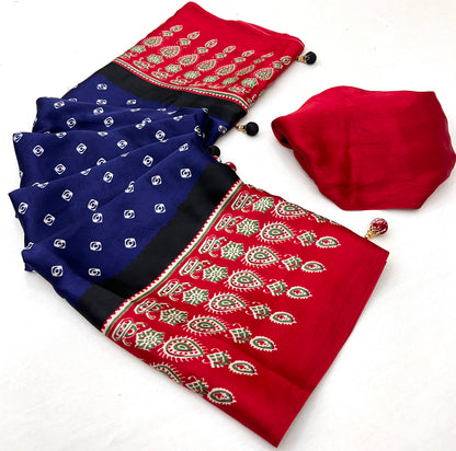 Blue Pure Semi Modal Silk Ajarkh Printed Saree