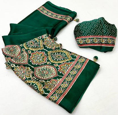 Green Pure Semi Modal Silk Floral Printed Saree 