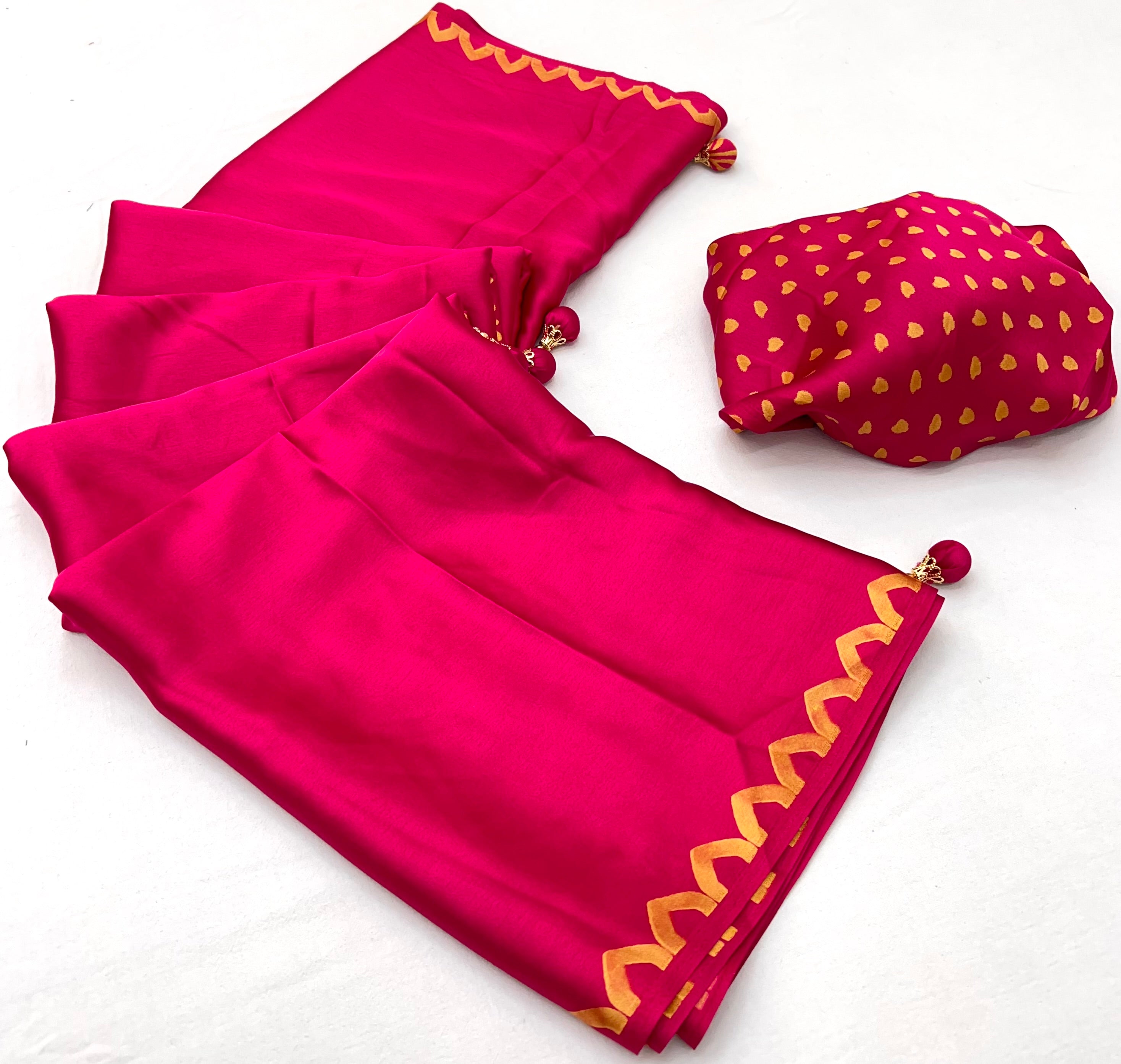 Pink Pure Semi Modal Japan Silk Ajarkh Printed Saree ##color## Floral Printed Saree with premium fabric and embroidery