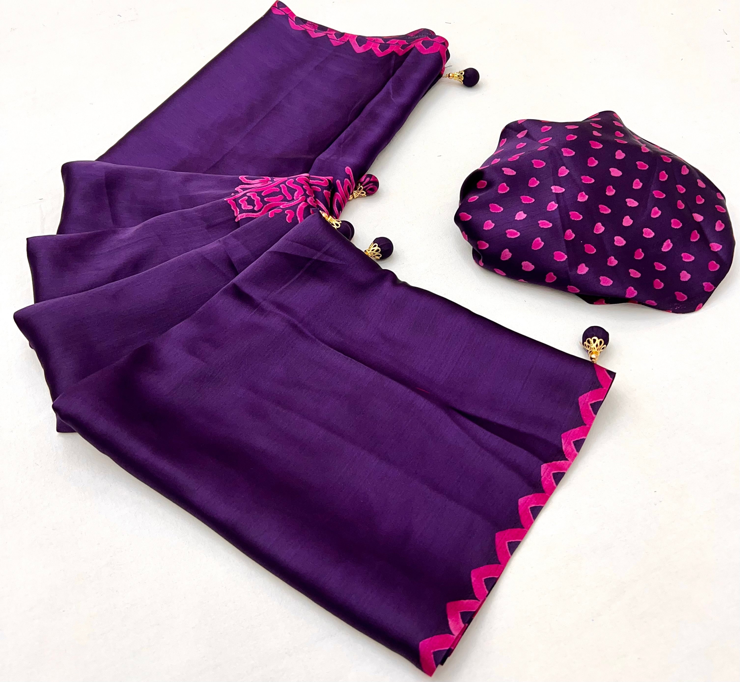 Purple Pure Semi Modal Japan Silk Ajarkh Printed Saree 