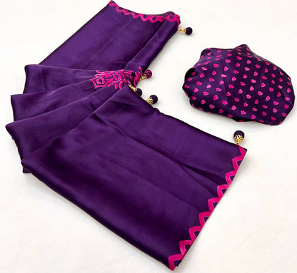 Purple Pure Semi Modal Japan Silk Ajarkh Printed Saree 