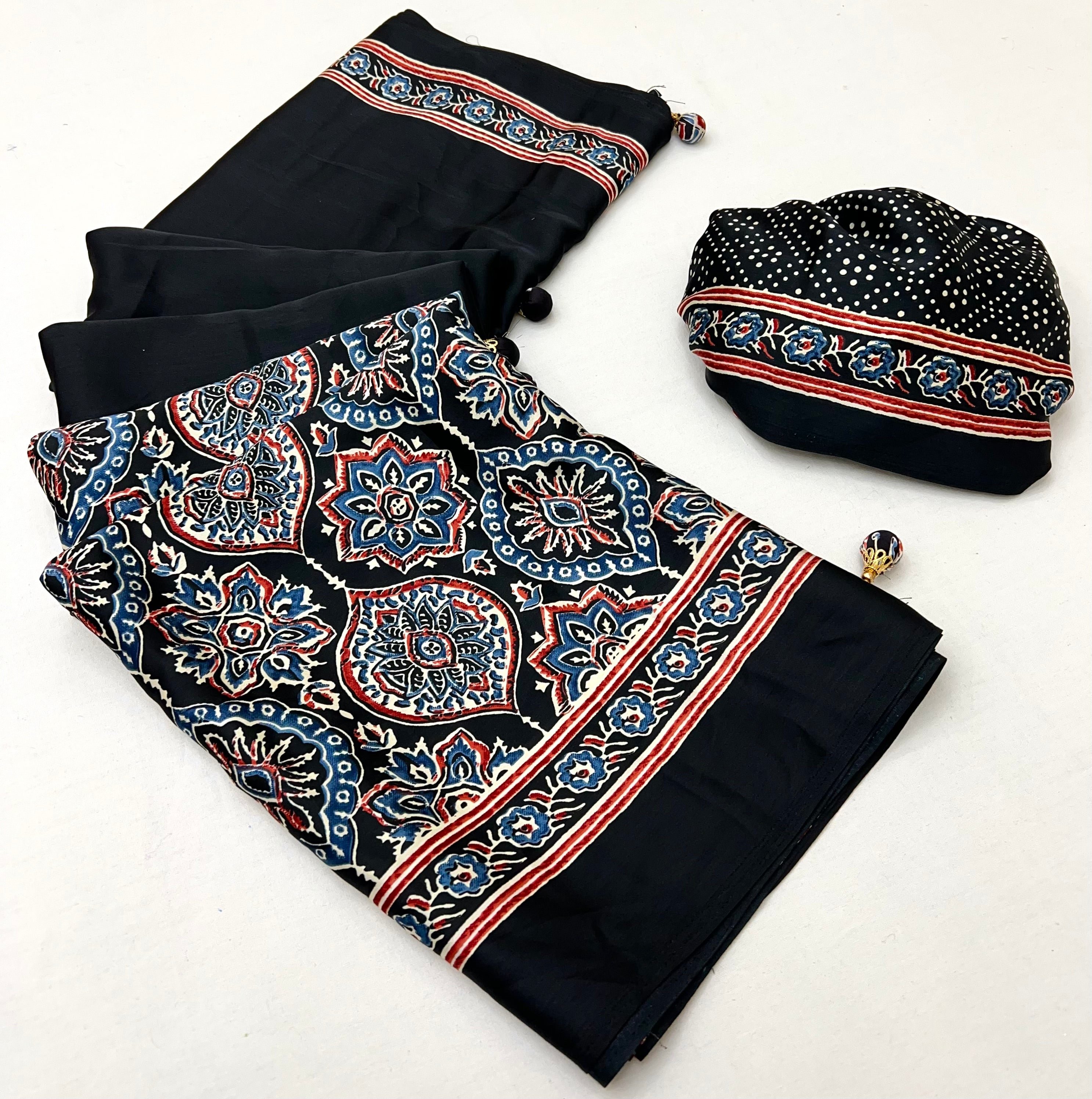 Black Pure Semi Modal Silk Floral Printed Saree ##color## Floral Printed Saree with premium fabric and embroidery