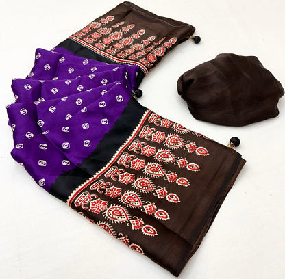 Violet Pure Semi Modal Silk Ajarkh Printed Saree 