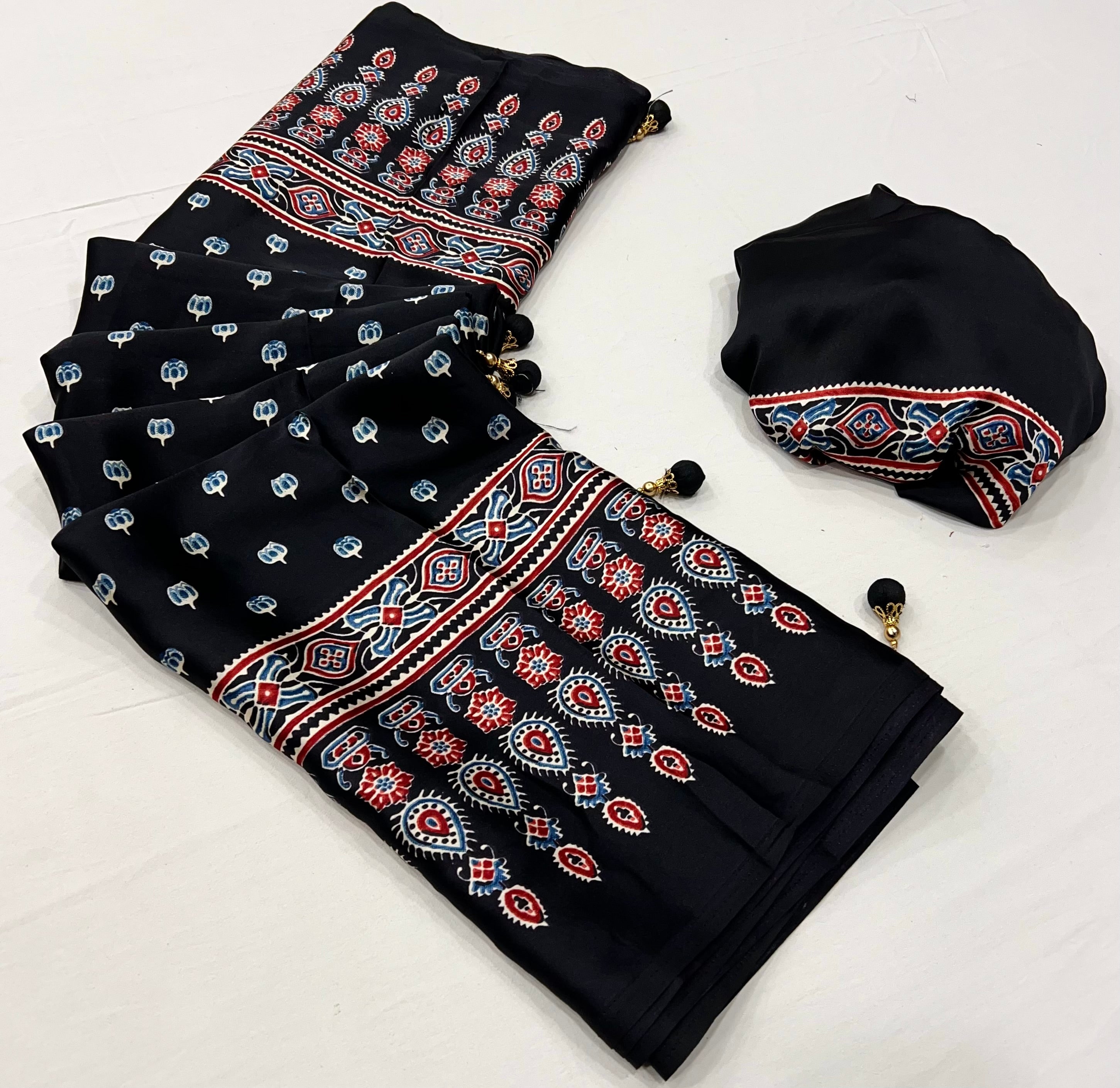 Black Pure Semi Modal Silk Floral Printed Saree 