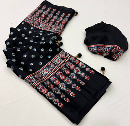 Black Pure Semi Modal Silk Floral Printed Saree 