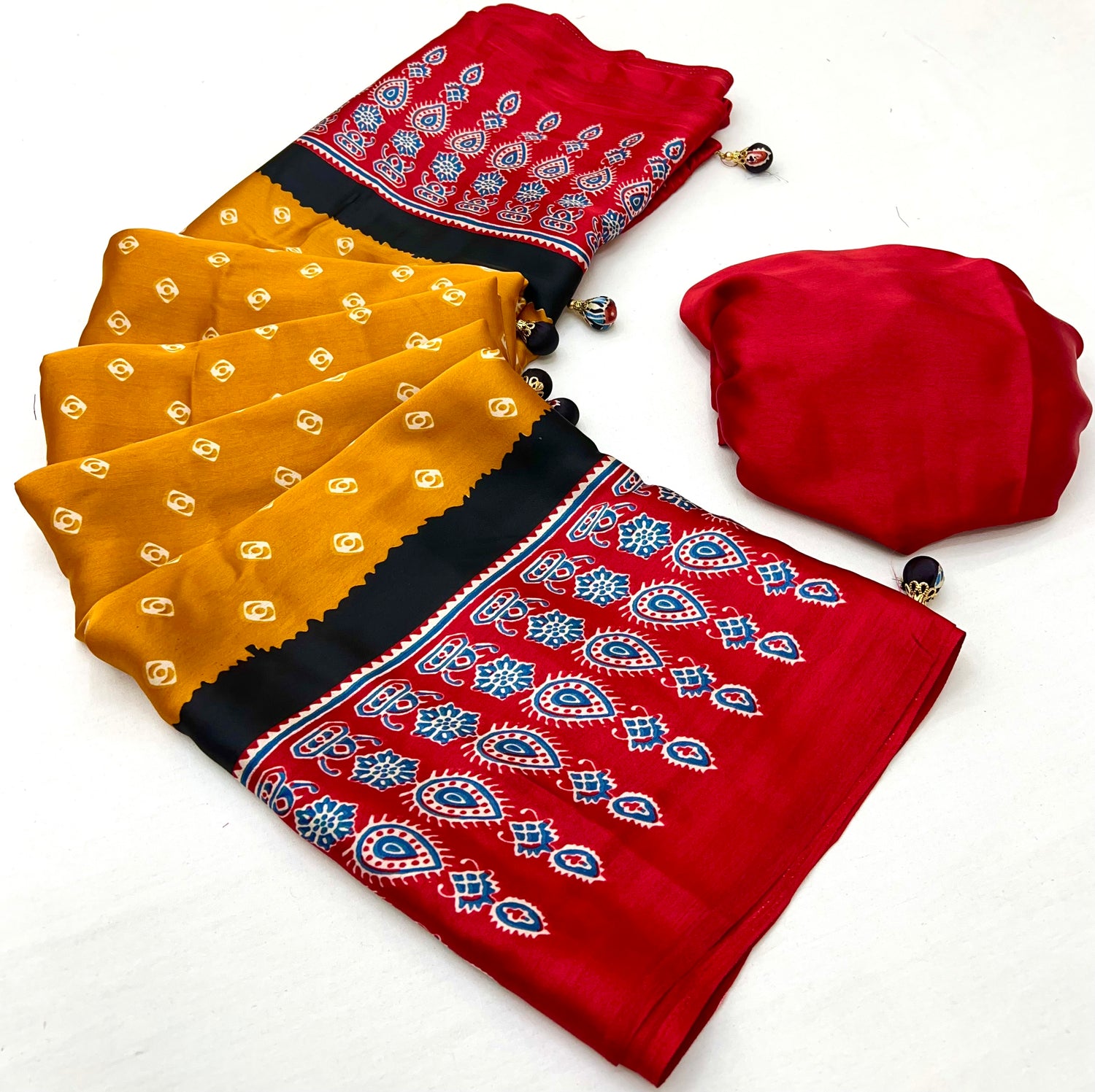 Mustard Pure Semi Modal Silk Ajarkh Printed Saree