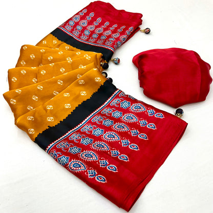 Mustard Pure Semi Modal Silk Ajarkh Printed Saree