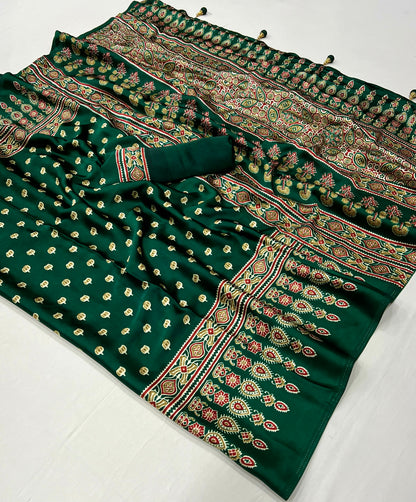Green Pure Semi Modal Silk Floral Printed Saree 
