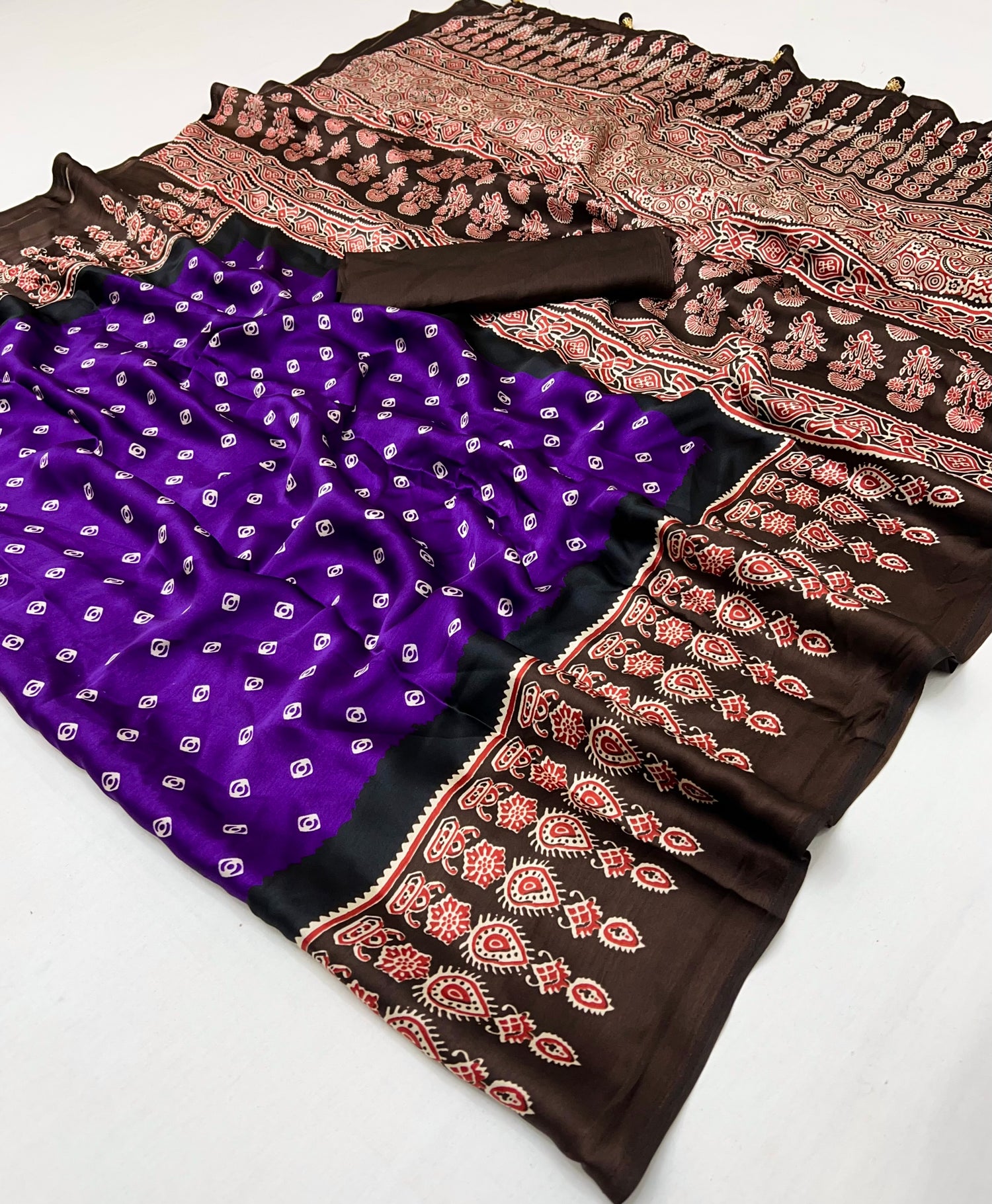 Violet Pure Semi Modal Silk Ajarkh Printed Saree 