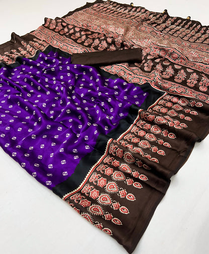 Violet Pure Semi Modal Silk Ajarkh Printed Saree 