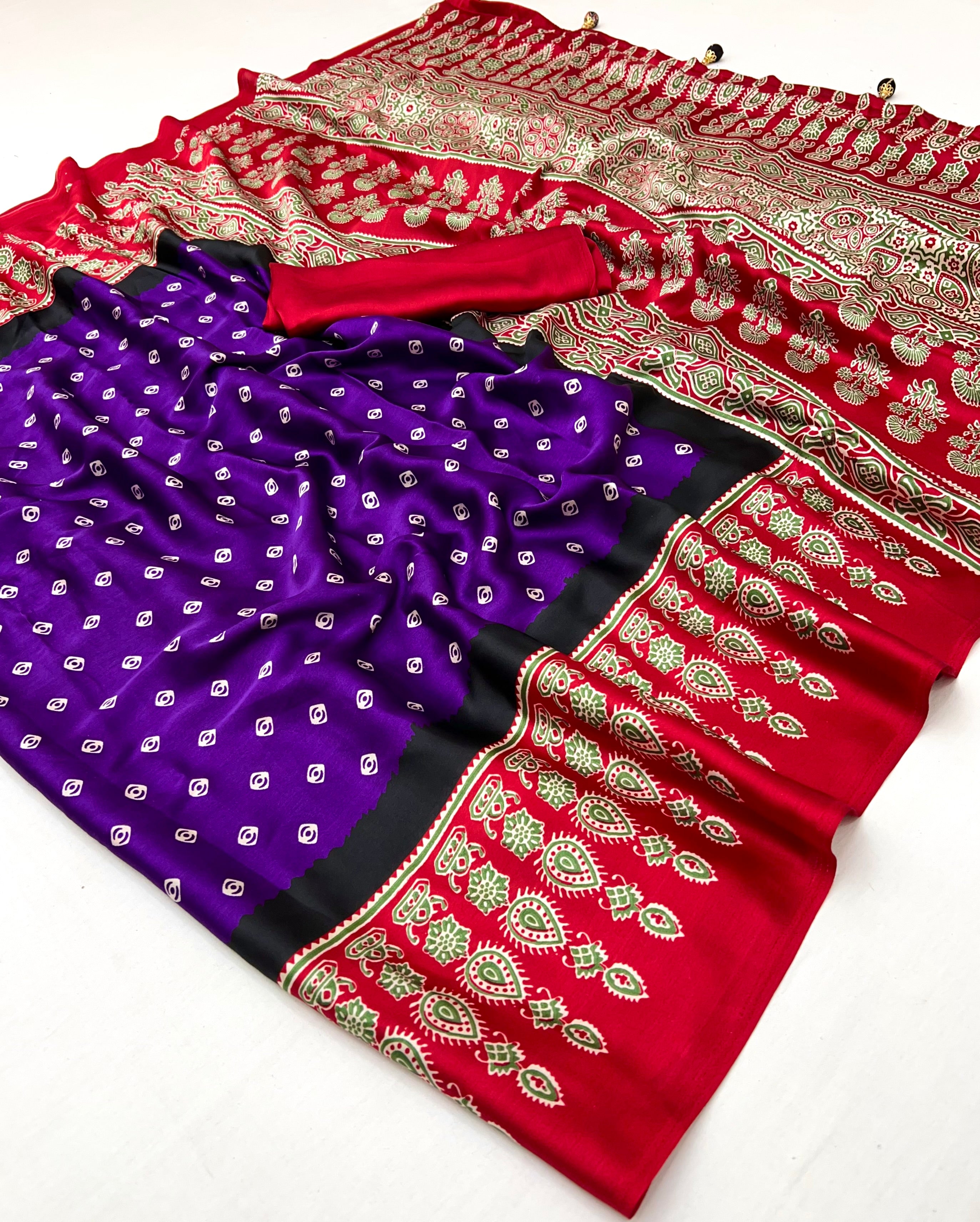 Purple Pure Semi Modal Silk Ajarkh Printed Saree ##color## Floral Printed Saree with premium fabric and embroidery