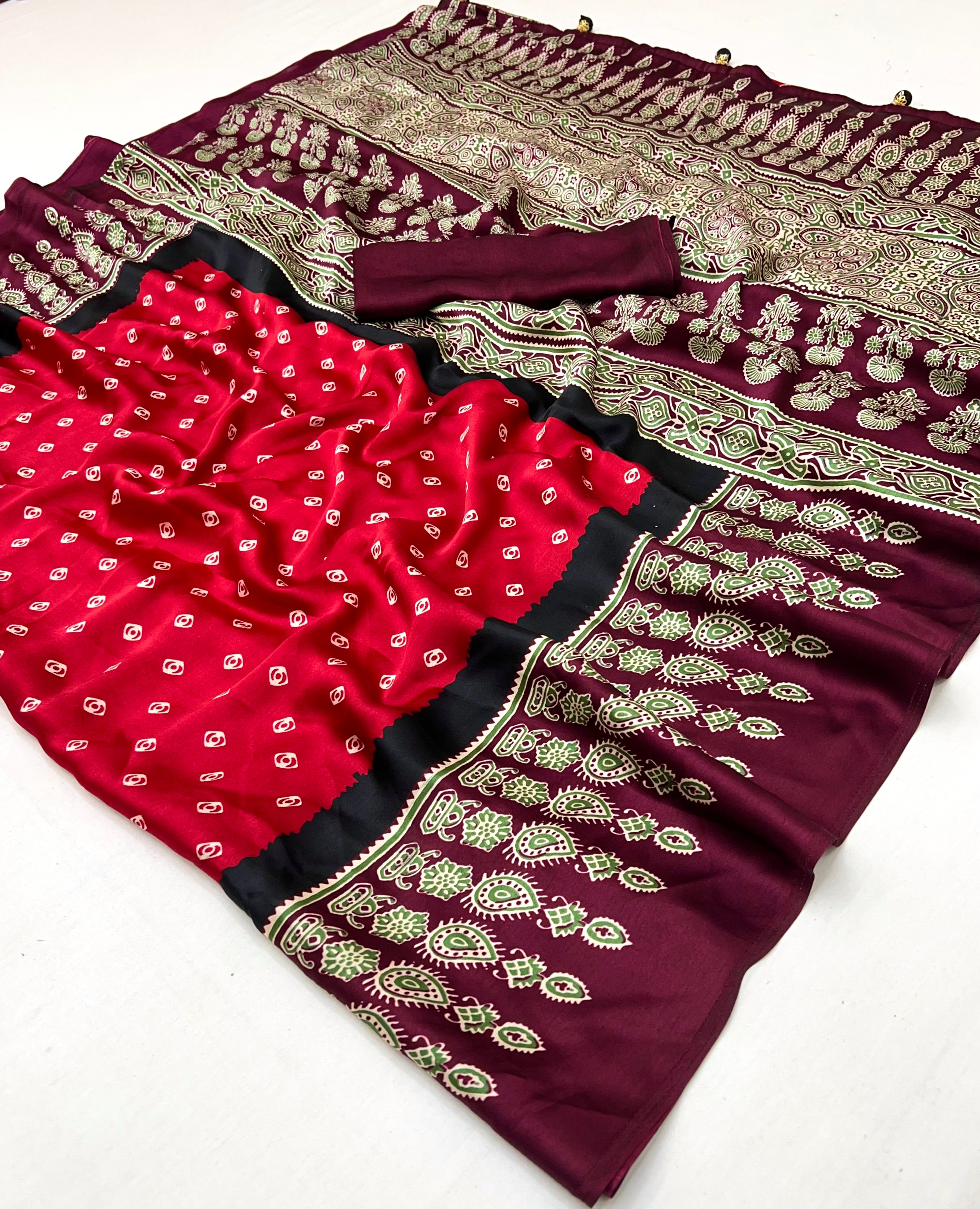 Red Pure Semi Modal Silk Ajarkh Printed Saree ##color## Floral Printed Saree with premium fabric and embroidery