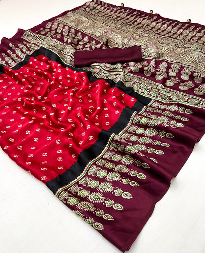 Red Pure Semi Modal Silk Ajarkh Printed Saree 