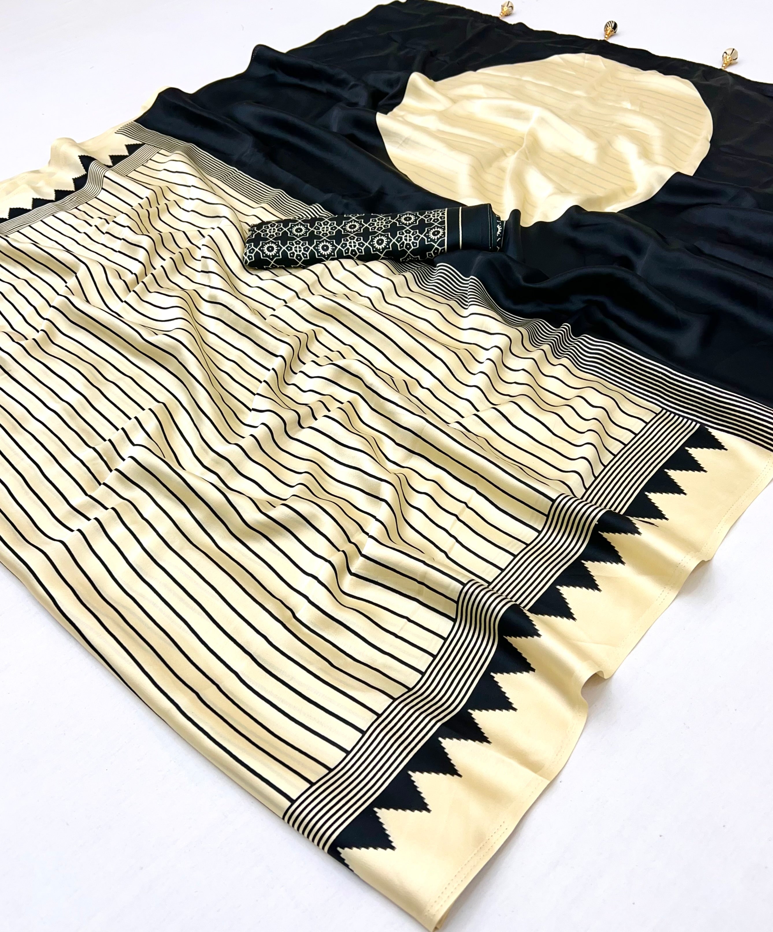 Cream Pure Semi Modal Silk Ajarkh Printed Saree ##color## Floral Printed Saree with premium fabric and embroidery