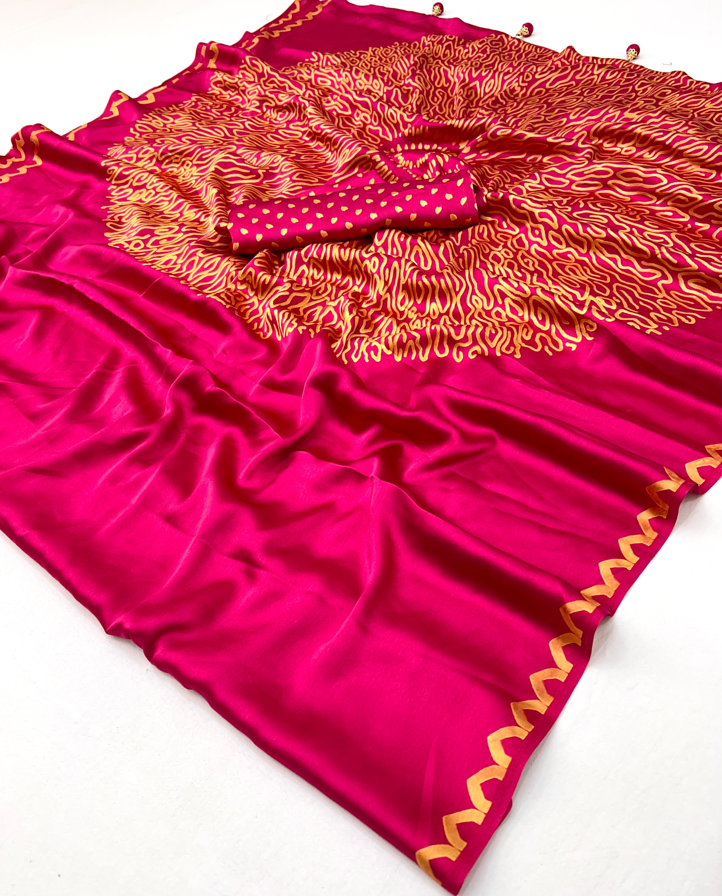 Pink Pure Semi Modal Japan Silk Ajarkh Printed Saree ##color## Floral Printed Saree with premium fabric and embroidery