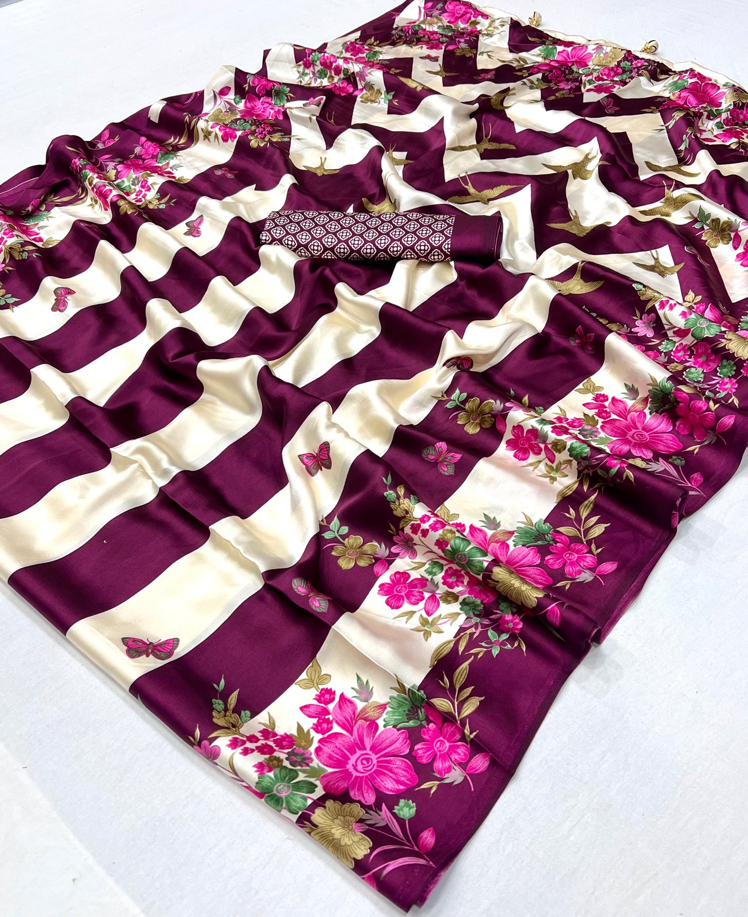 Purple Pure Semi Modal Japan Silk Ajarkh Printed Saree 