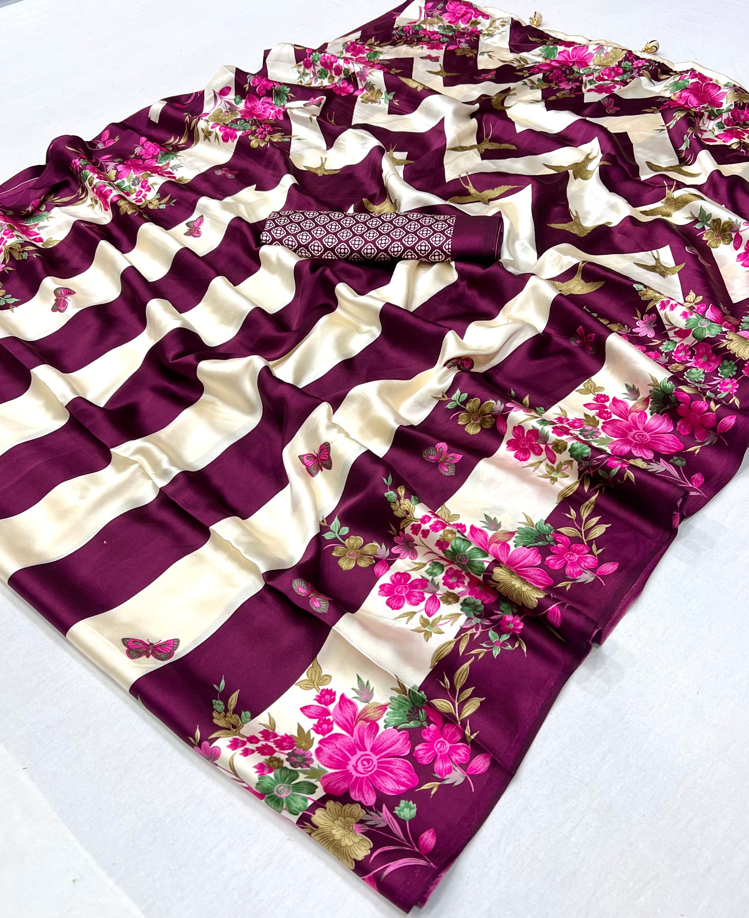 Purple Pure Semi Modal Japan Silk Ajarkh Printed Saree 