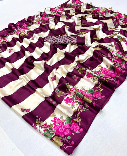 Purple Pure Semi Modal Japan Silk Ajarkh Printed Saree 