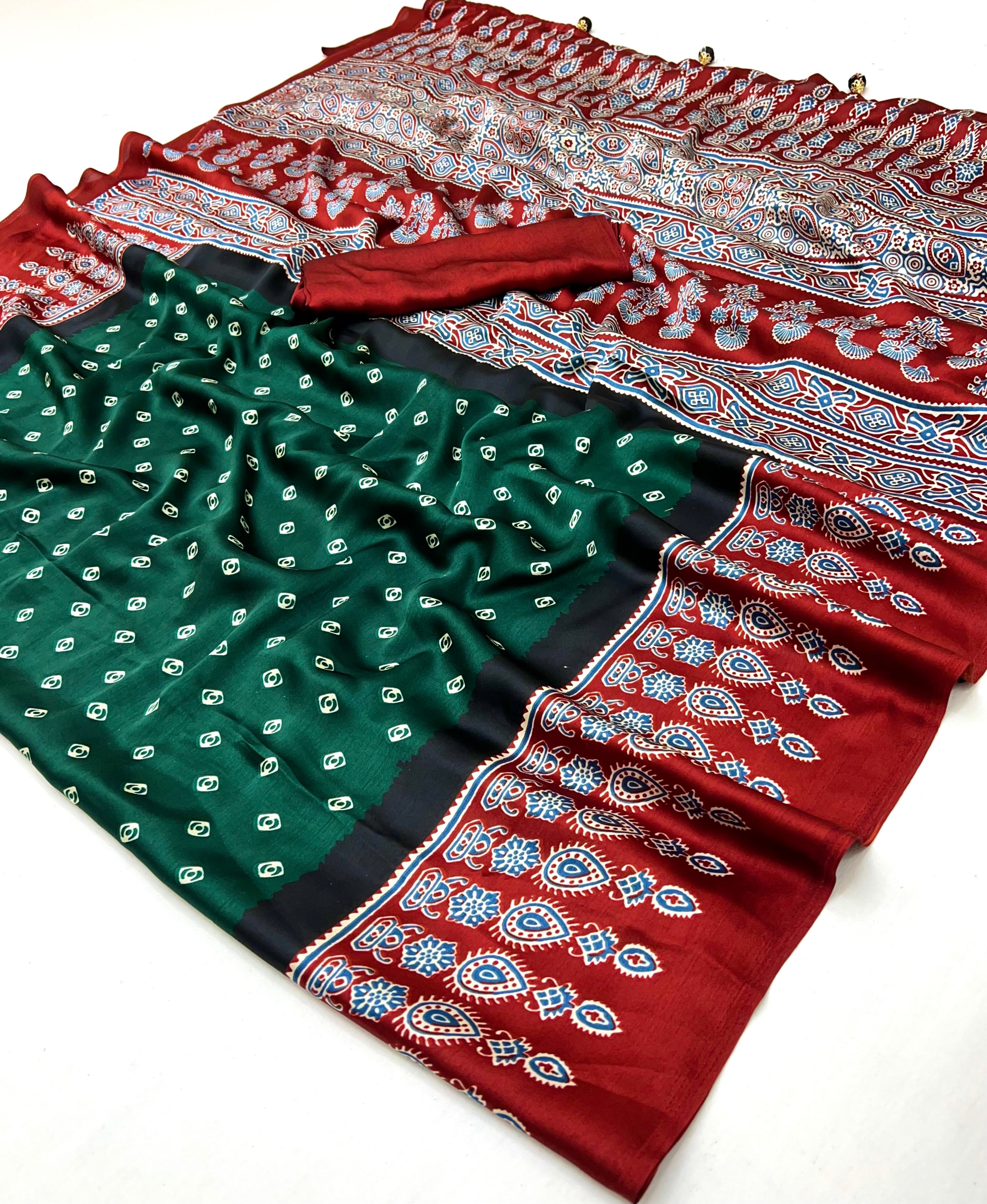 Green Pure Semi Modal Silk Ajarkh Printed Saree 
