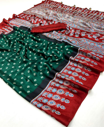 Green Pure Semi Modal Silk Ajarkh Printed Saree 