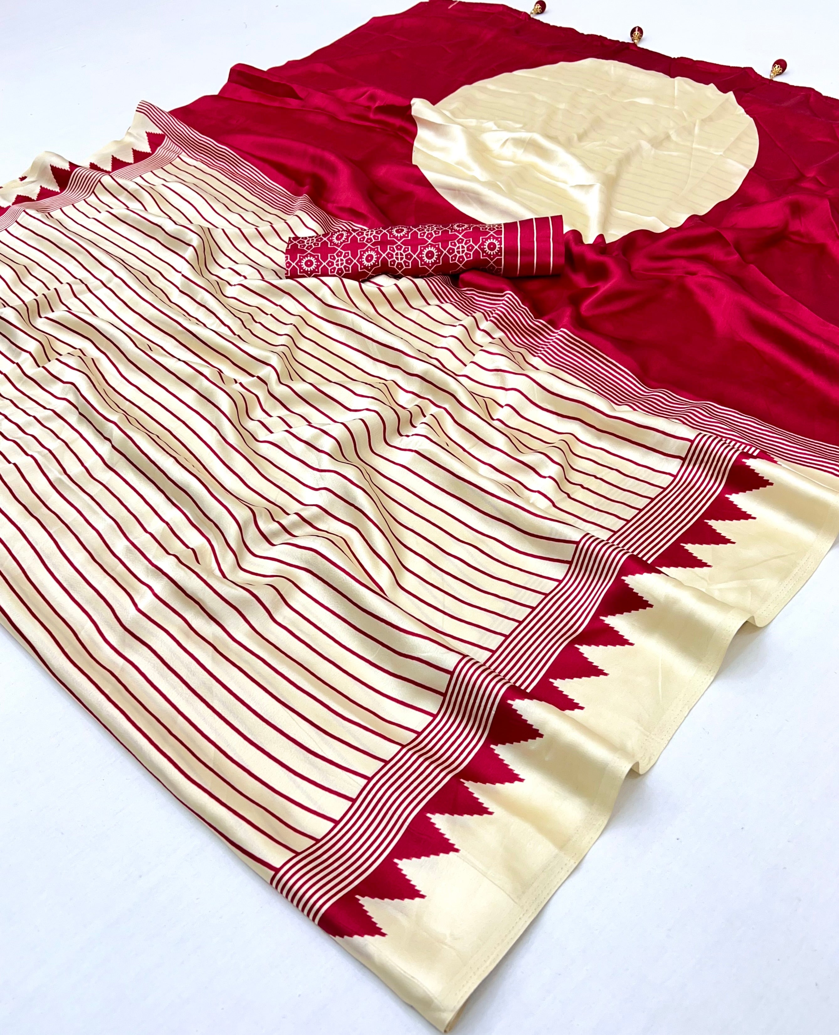 Cream Pure Semi Modal Silk Ajarkh Printed Saree ##color## Floral Printed Saree with premium fabric and embroidery