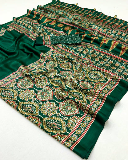 Green Pure Semi Modal Silk Floral Printed Saree 
