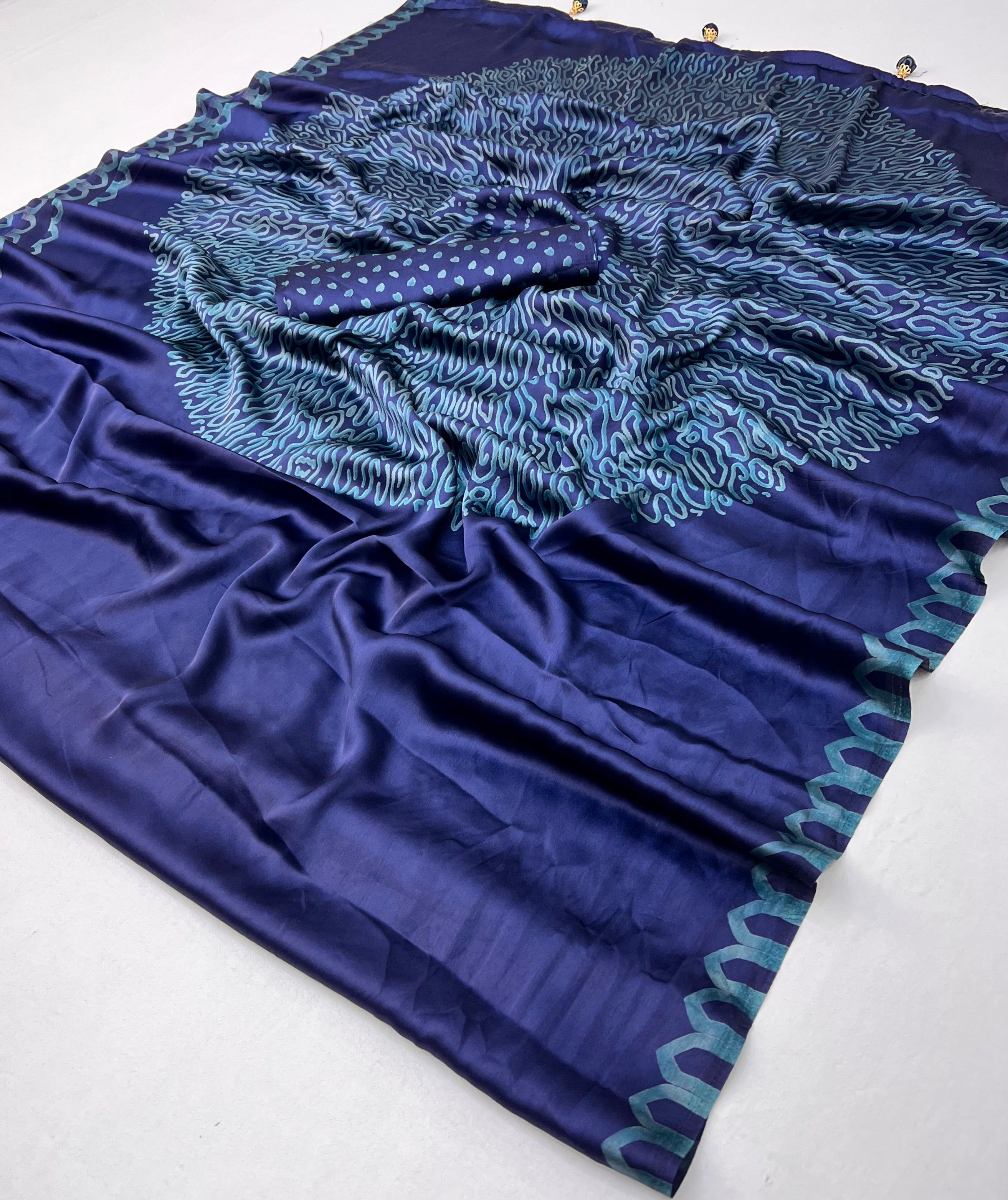 Blue Pure Semi Modal Japan Silk Ajarkh Printed Saree ##color## Floral Printed Saree with premium fabric and embroidery