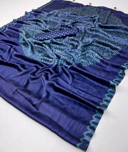 Blue Pure Semi Modal Japan Silk Ajarkh Printed Saree 