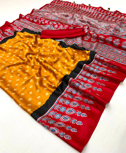 Mustard Pure Semi Modal Silk Ajarkh Printed Saree