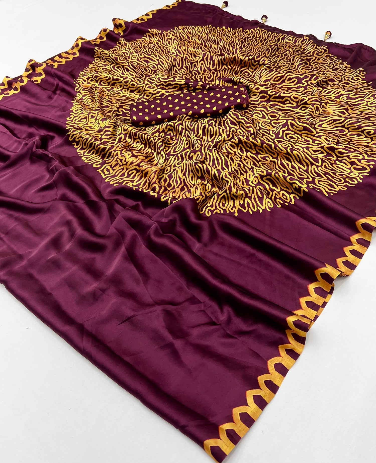 Maroon Pure Semi Modal Japan Silk Ajarkh Printed Saree 