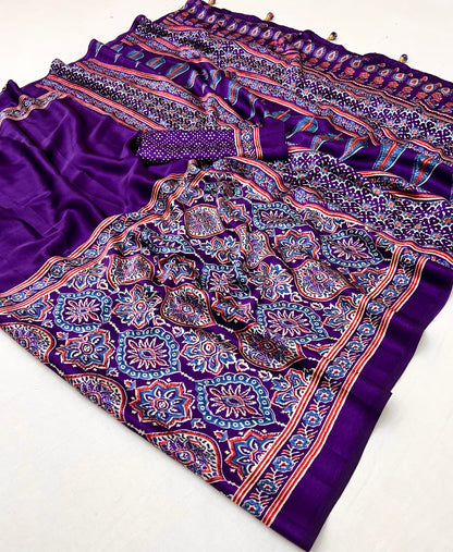 Purple Pure Semi Modal Silk Floral Printed Saree 