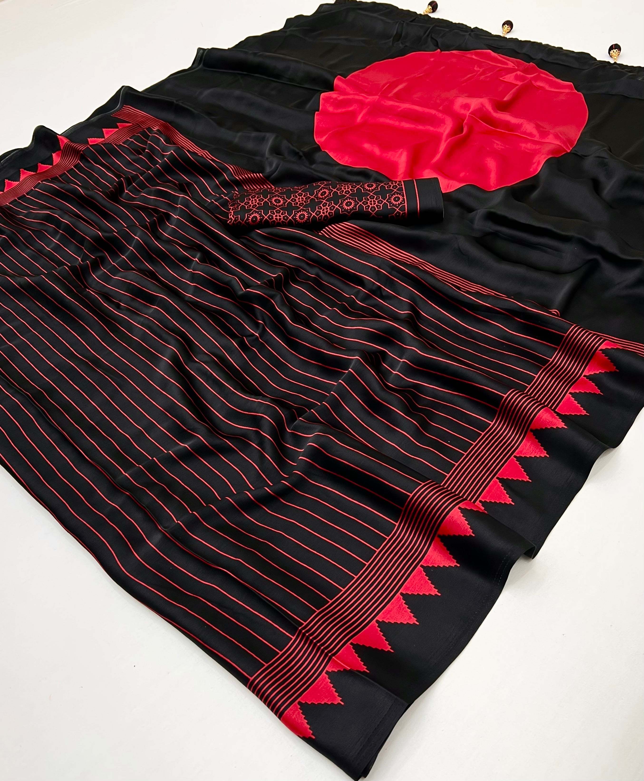 Black Pure Semi Modal Silk Ajarkh Printed Saree ##color## Floral Printed Saree with premium fabric and embroidery