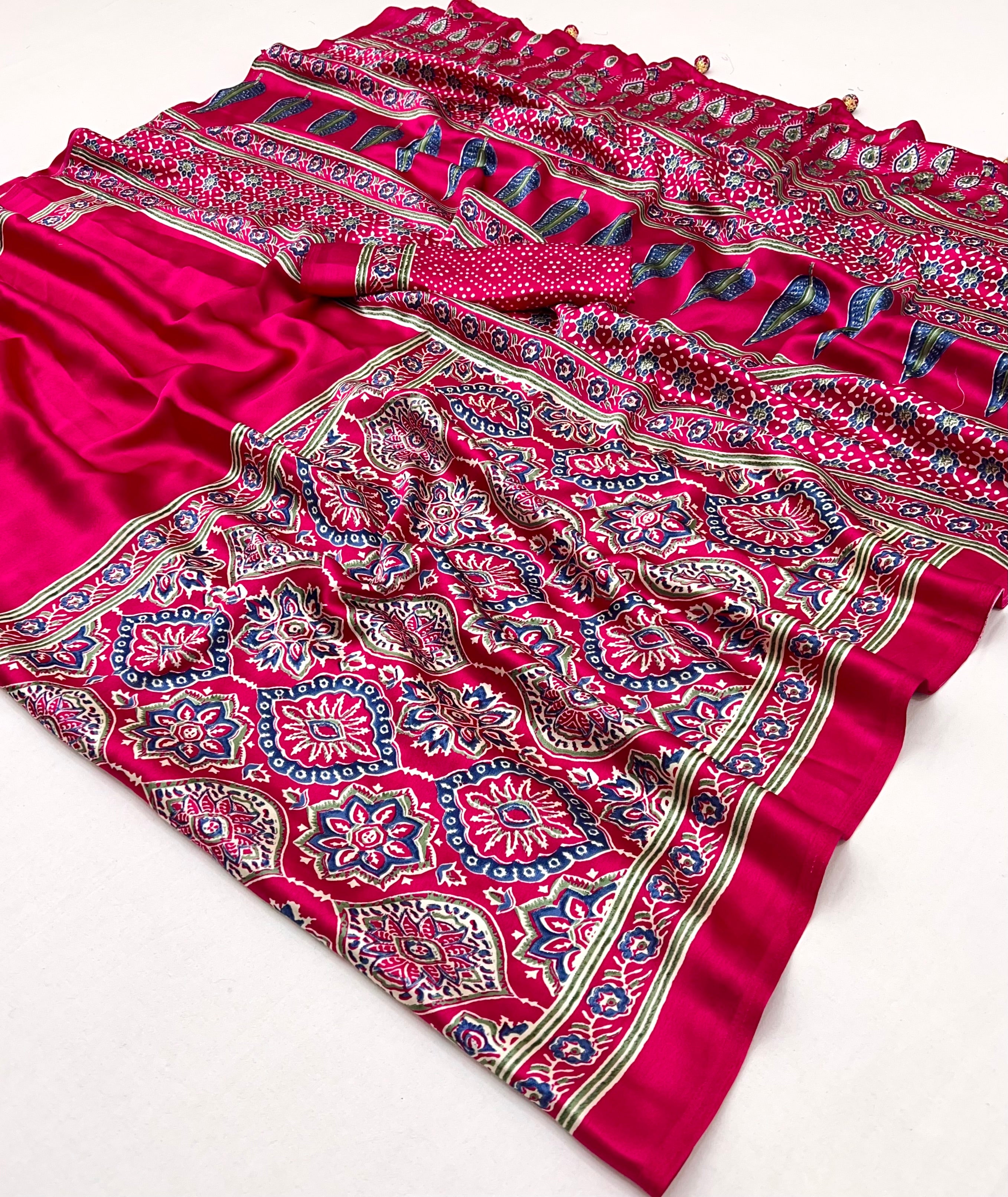 Pink Pure Semi Modal Silk Floral Printed Saree ##color## Floral Printed Saree with premium fabric and embroidery