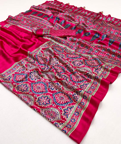 Pink Pure Semi Modal Silk Floral Printed Saree 