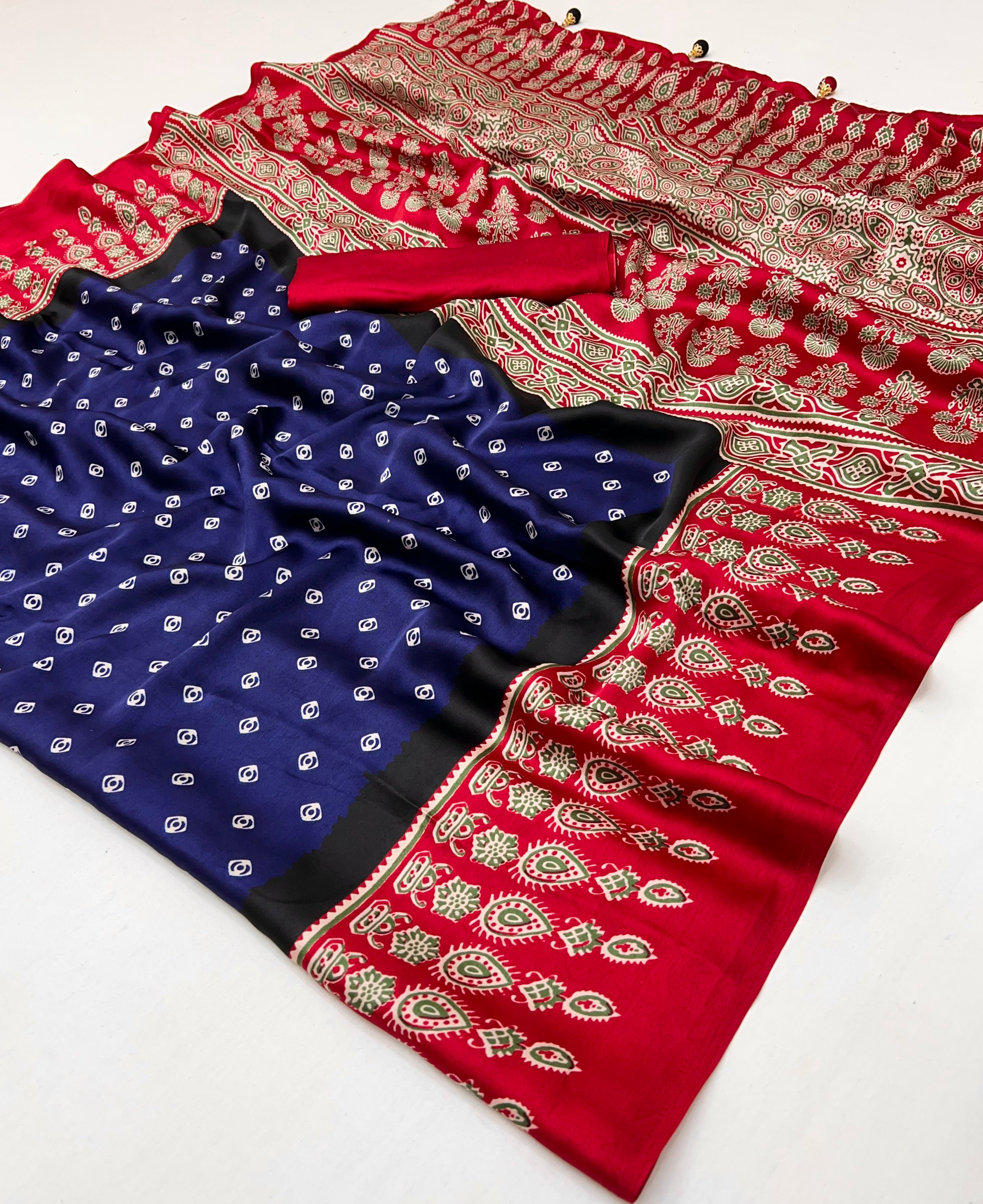 Blue Pure Semi Modal Silk Ajarkh Printed Saree