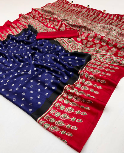 Blue Pure Semi Modal Silk Ajarkh Printed Saree